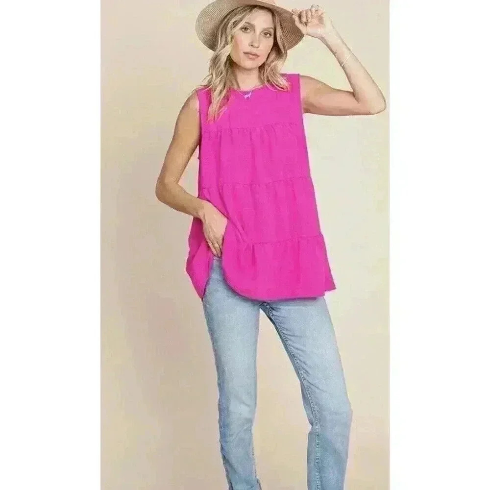 Cotton Blue Sleeveless Air Flow Ruffle Neck Sleeveless Tiered Hot Pink Top